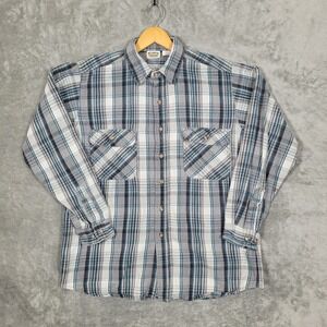 Vintage FIVE BROTHER Tallman Flannel Mens Large Gray Blue Plaid LS Button Up